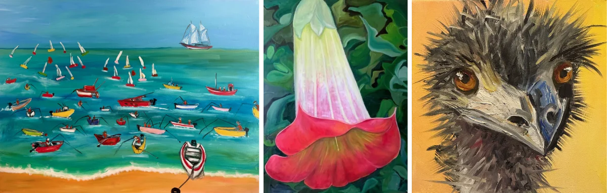 HeatherSloan Banner Three artworks by Heather - Gone fishing, Trumpet flower and Emu